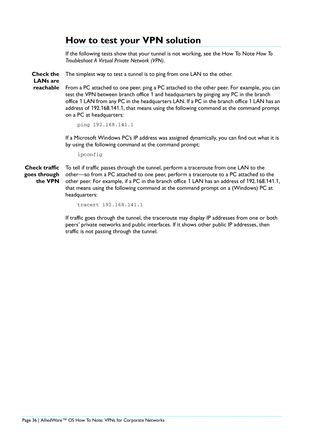 Allied Telesis AR440S manual How to test your VPN solution, LANs are 