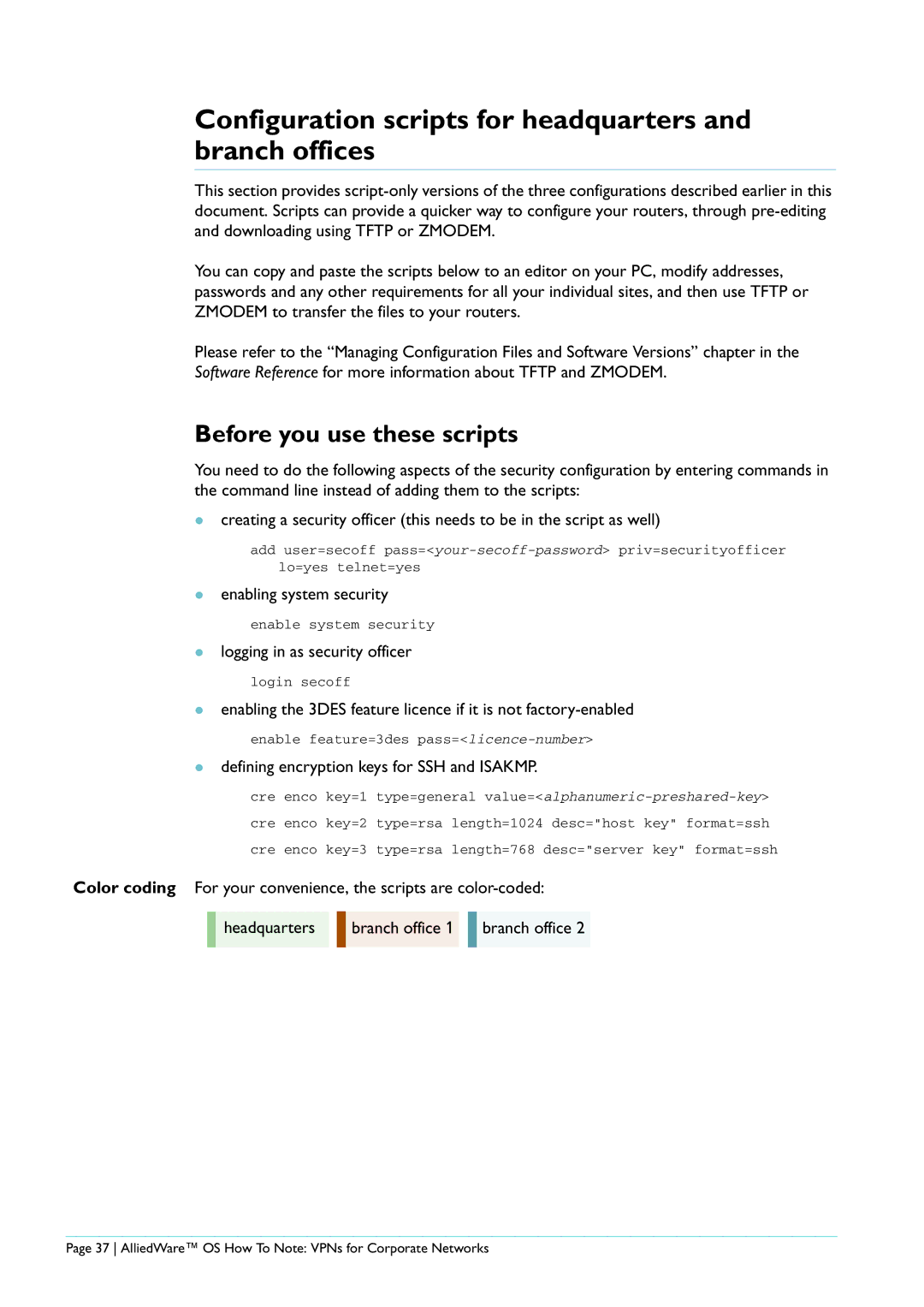 Allied Telesis AR440S manual Configuration scripts for headquarters and branch offices, Before you use these scripts 