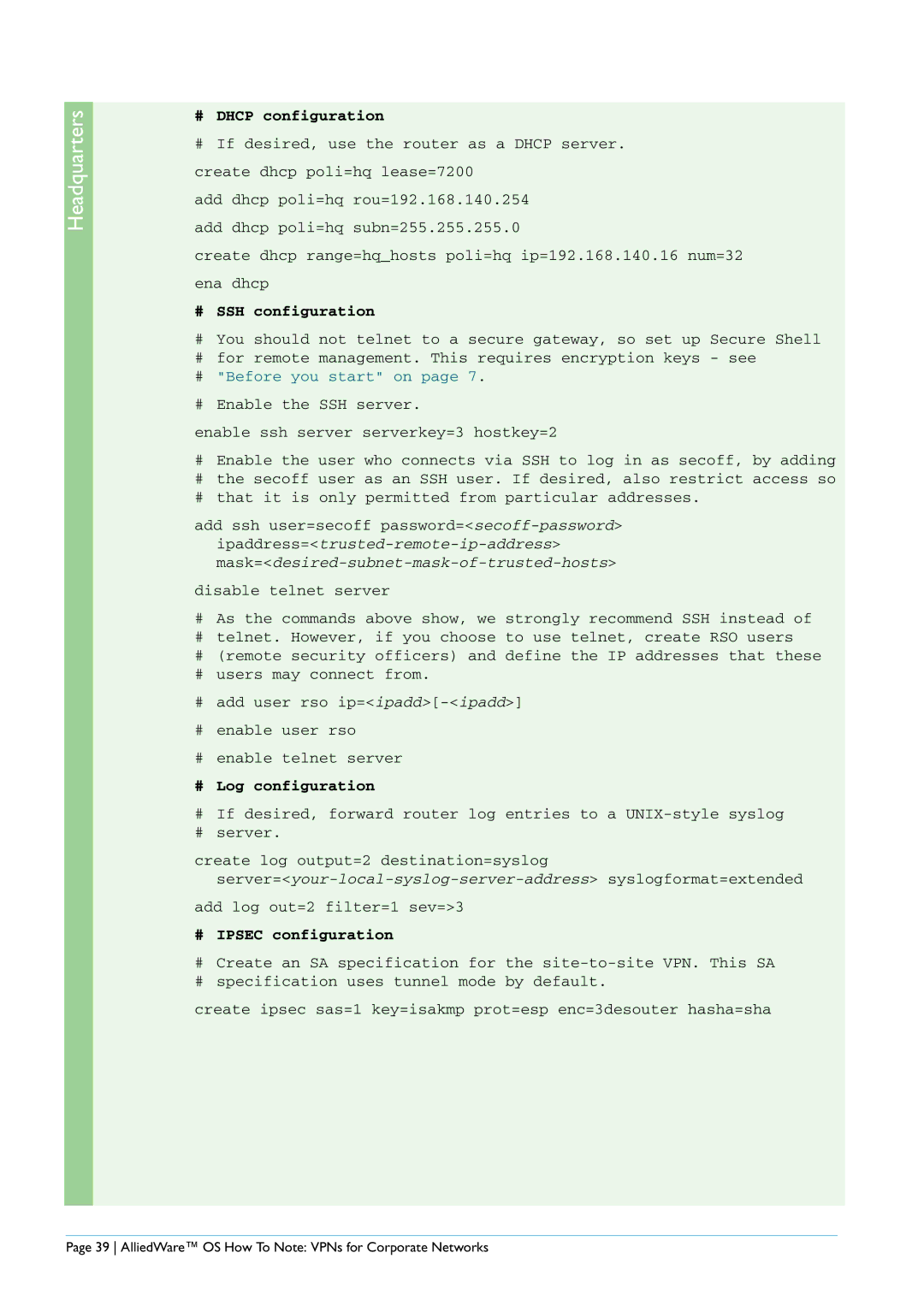 Allied Telesis AR440S manual # Dhcp configuration, # SSH configuration, # Log configuration, # Ipsec configuration 