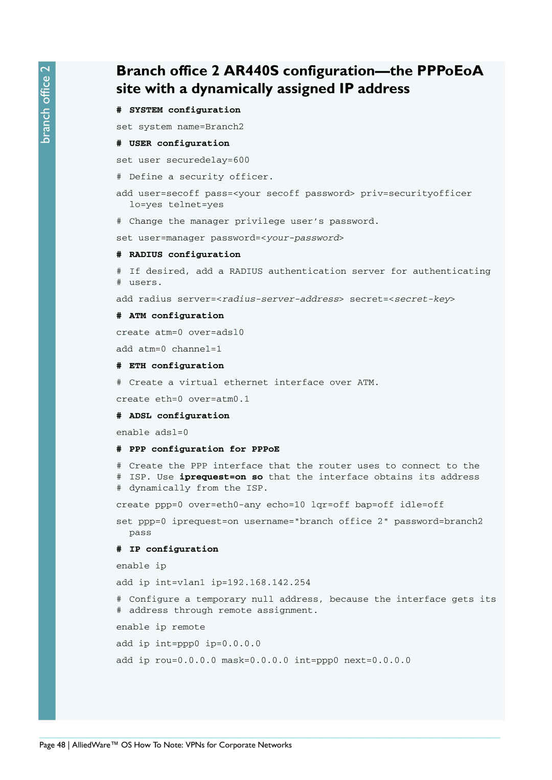 Allied Telesis AR440S manual # ETH configuration, # PPP configuration for PPPoE 