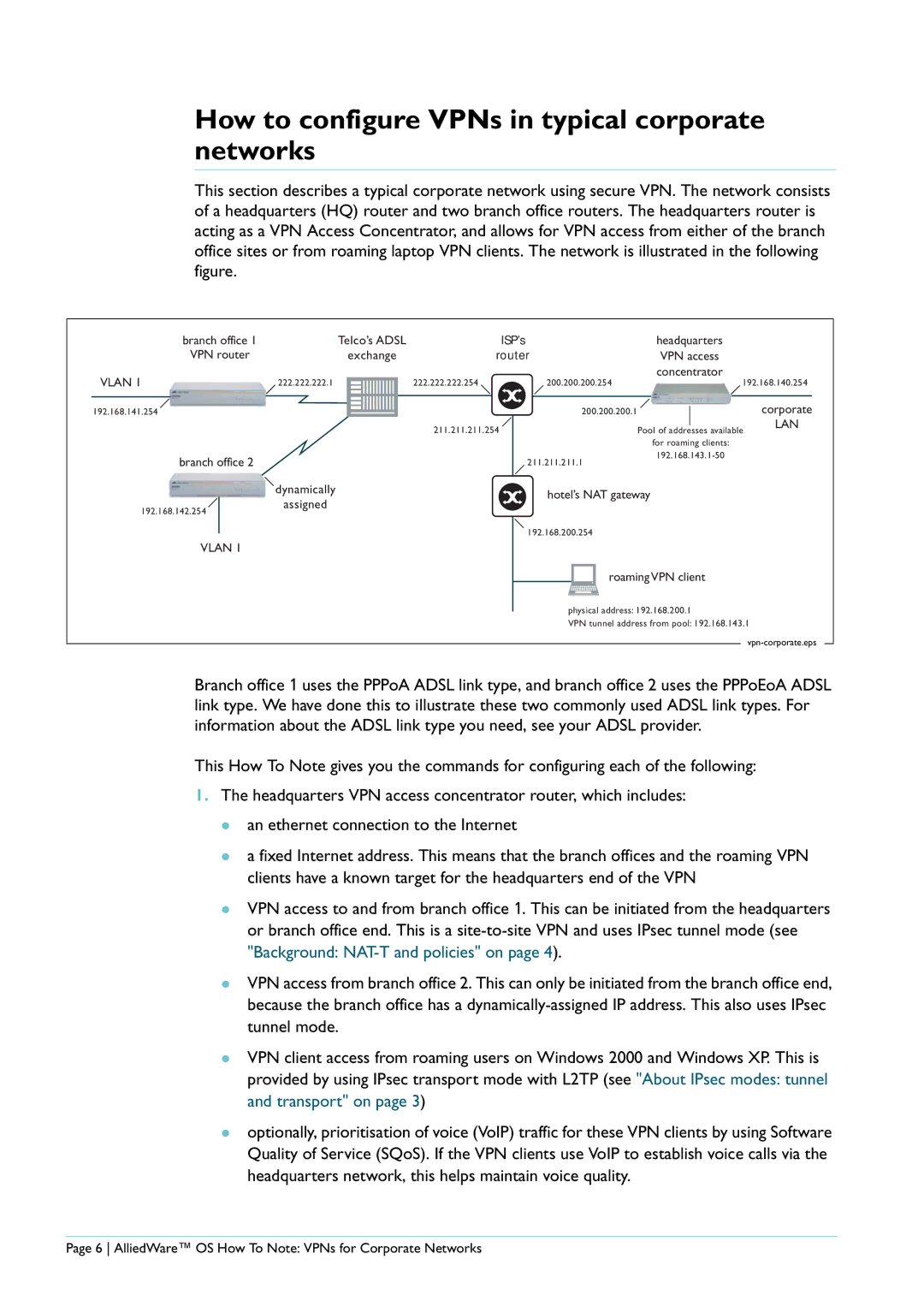 Allied Telesis AR440S manual How to configure VPNs in typical corporate networks, Vlan 