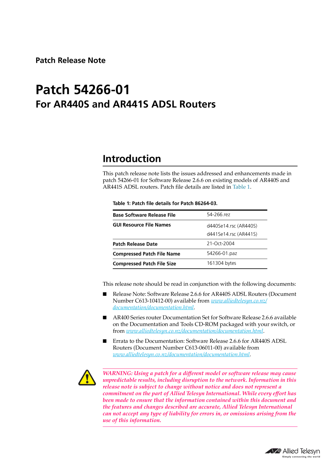 Allied Telesis manual Patch, For AR440S and AR441S Adsl Routers Introduction 