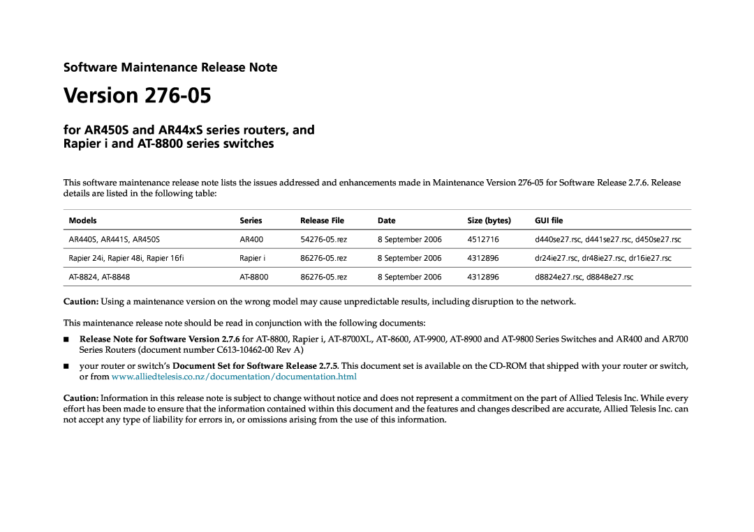Allied Telesis AR44xS series manual Software Maintenance Release Note, Version 