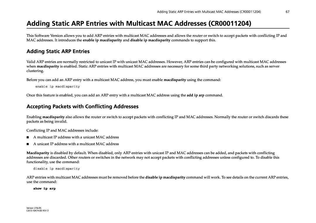 Allied Telesis AR44xS series manual Adding Static ARP Entries with Multicast MAC Addresses CR00011204 