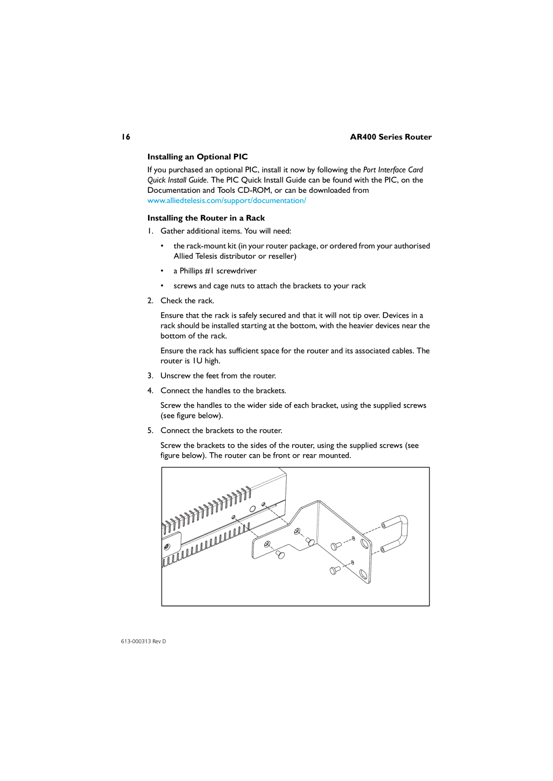 Allied Telesis AR441S, AR450S, AR442S, AR440S, AR415S manual Installing an Optional PIC Installing the Router in a Rack 