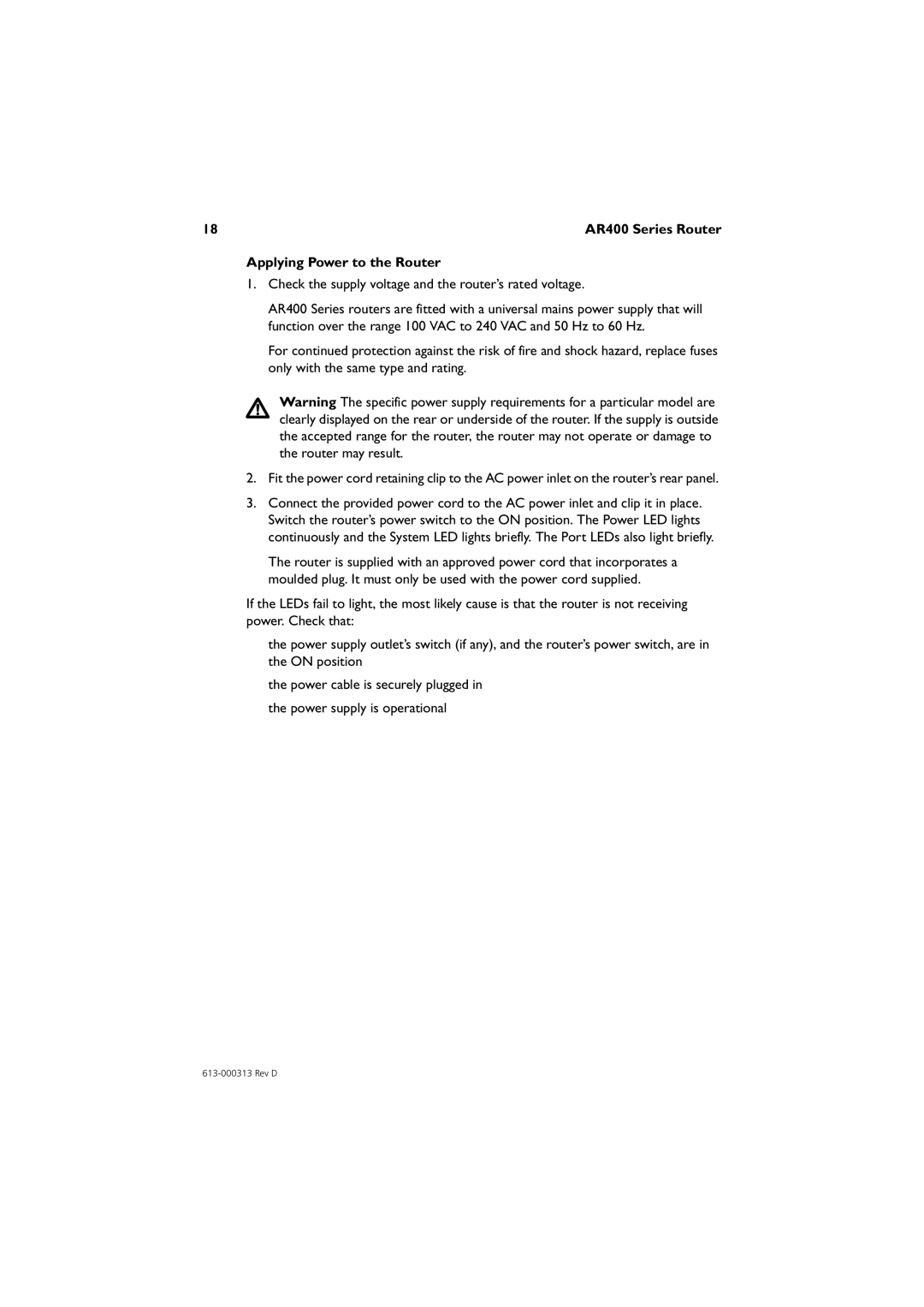 Allied Telesis AR415S, AR450S, AR442S, AR441S, AR440S manual Applying Power to the Router 