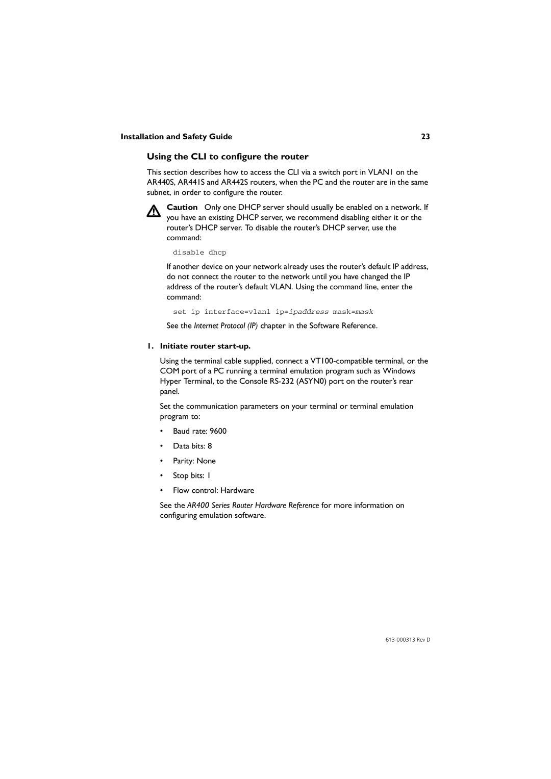 Allied Telesis AR415S, AR450S, AR442S, AR441S, AR440S Using the CLI to configure the router, Installation and Safety Guide 