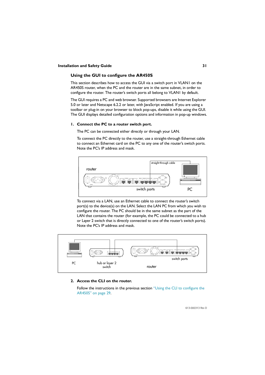 Allied Telesis AR441S, AR442S, AR440S, AR415S Using the GUI to configure the AR450S, Connect the PC to a router switch port 