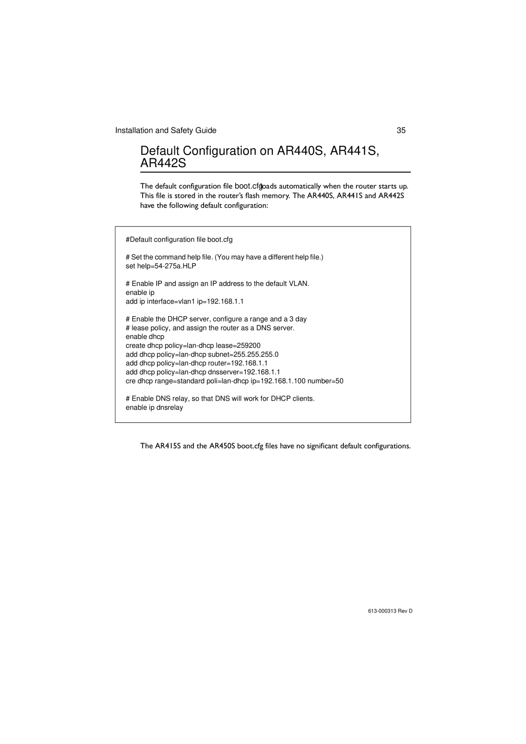 Allied Telesis AR450S, AR415S manual Default Configuration on AR440S, AR441S, AR442S 