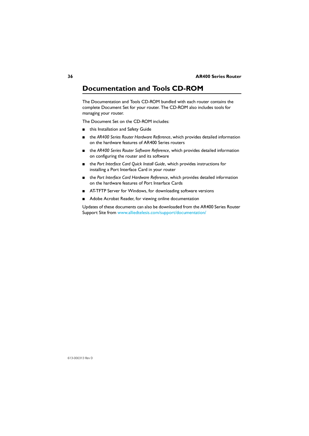 Allied Telesis AR441S, AR450S, AR442S, AR440S, AR415S manual Documentation and Tools CD-ROM 