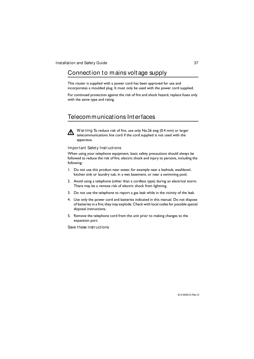 Allied Telesis AR440S Connection to mains voltage supply, Telecommunications Interfaces, Important Safety Instructions 