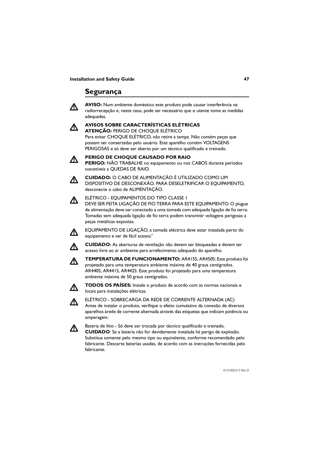 Allied Telesis AR440S, AR450S, AR442S Segurança, Avisos Sobre Características Elétricas, Atenção Perigo DE Choque Elétrico 