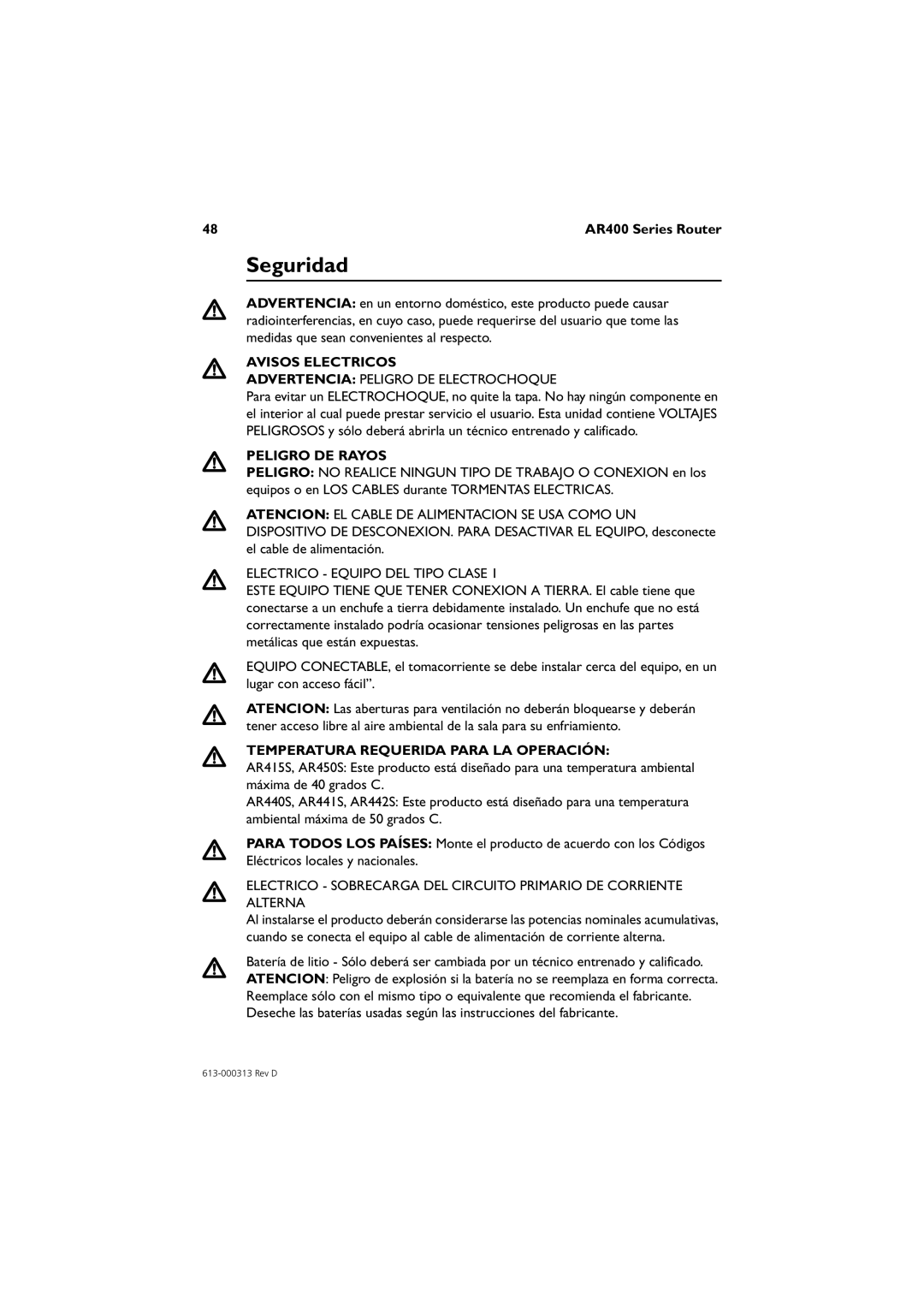 Allied Telesis AR415S, AR450S manual Seguridad, Avisos Electricos, Peligro DE Rayos, Temperatura Requerida Para LA Operación 