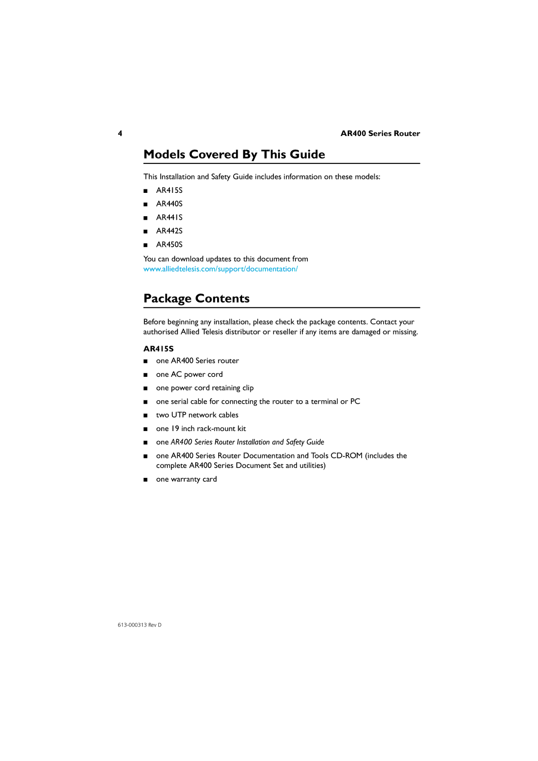 Allied Telesis AR450S, AR442S, AR441S, AR440S, AR415S manual Models Covered By This Guide, Package Contents 