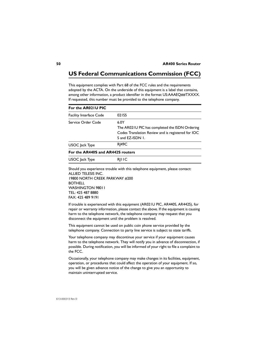 Allied Telesis AR450S, AR441S, AR415S manual For the AR021U PIC, RJ49C, For the AR440S and AR442S routers, RJ11C 