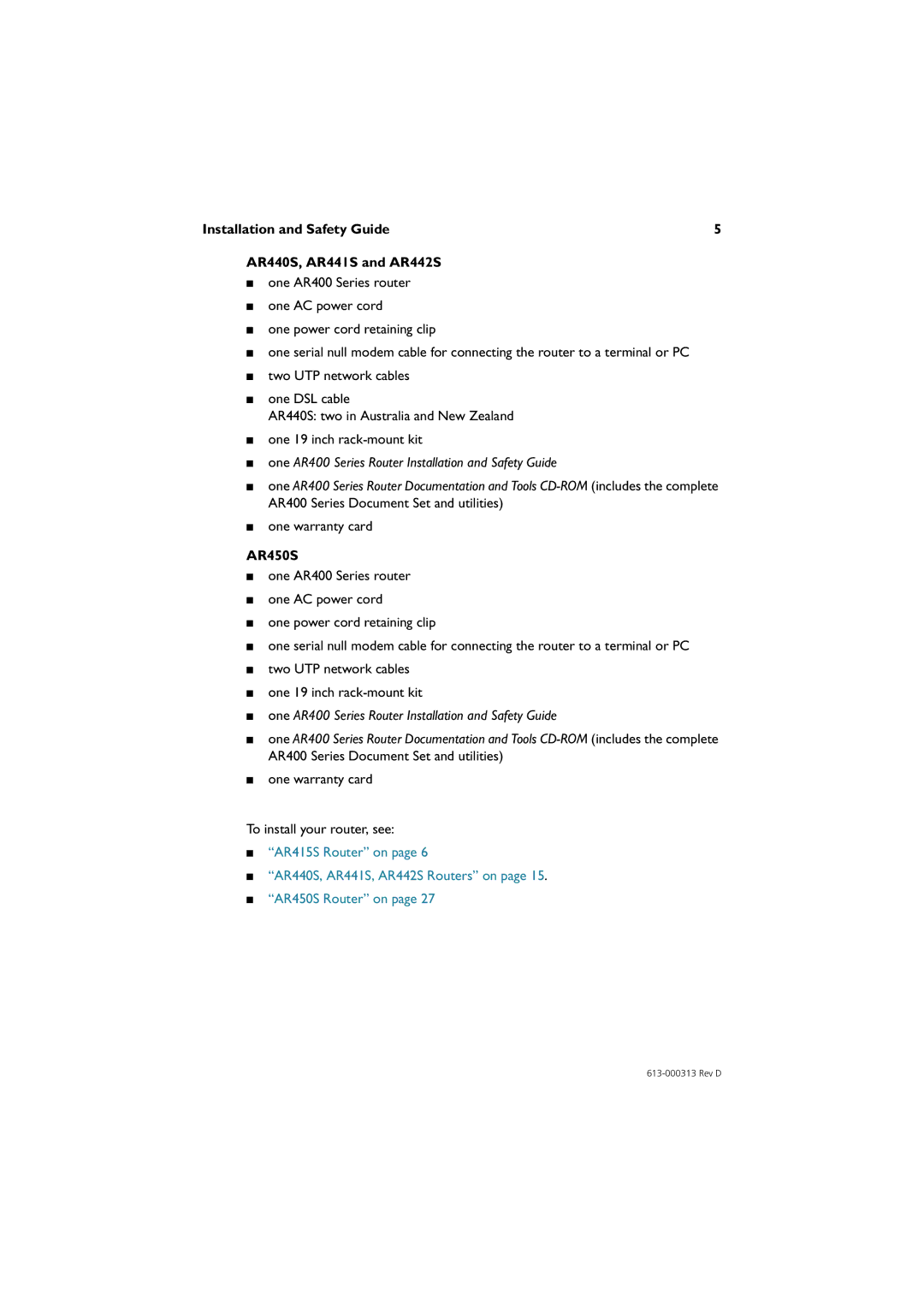 Allied Telesis AR415S manual Installation and Safety Guide AR440S, AR441S and AR442S, AR450S 