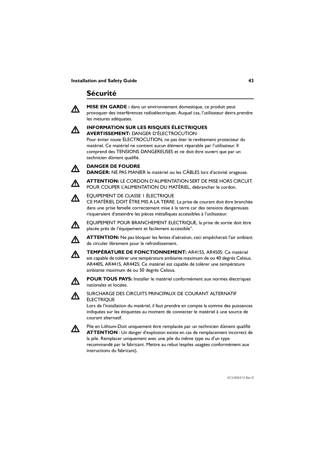 Allied Telesis AR415S Sécurité, Information Sur Les Risques Électriques, Danger De Foudre, Installation and Safety Guide 