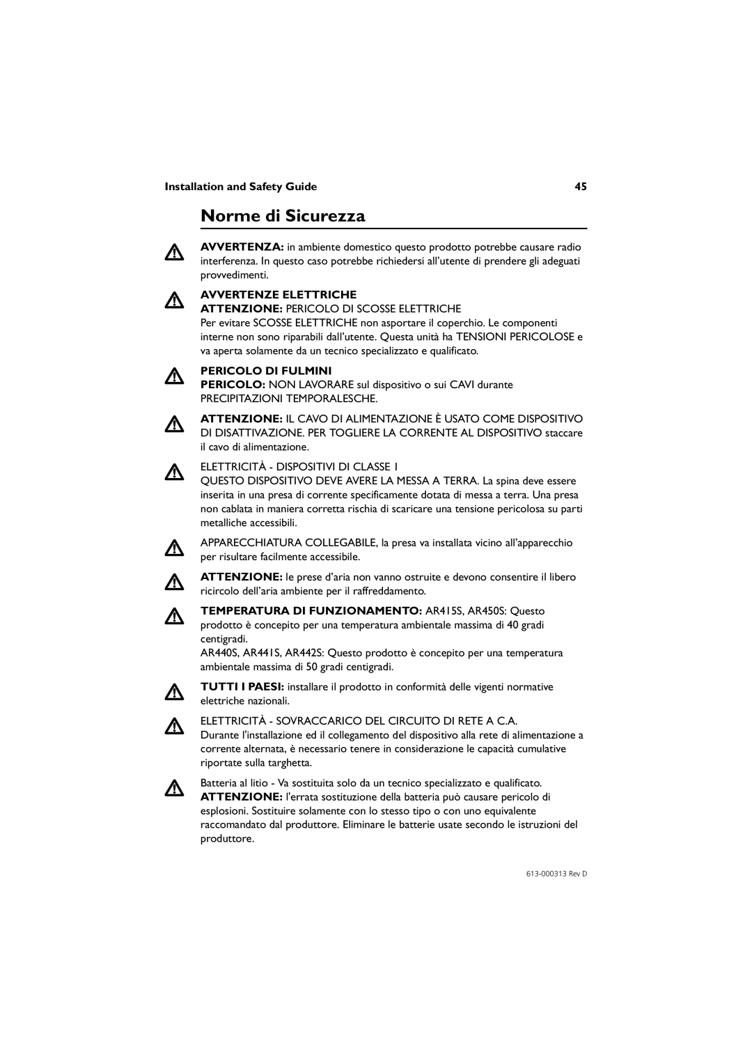 Allied Telesis AR442S manual Norme di Sicurezza, Avvertenze Elettriche, Pericolo Di Fulmini, Installation and Safety Guide 