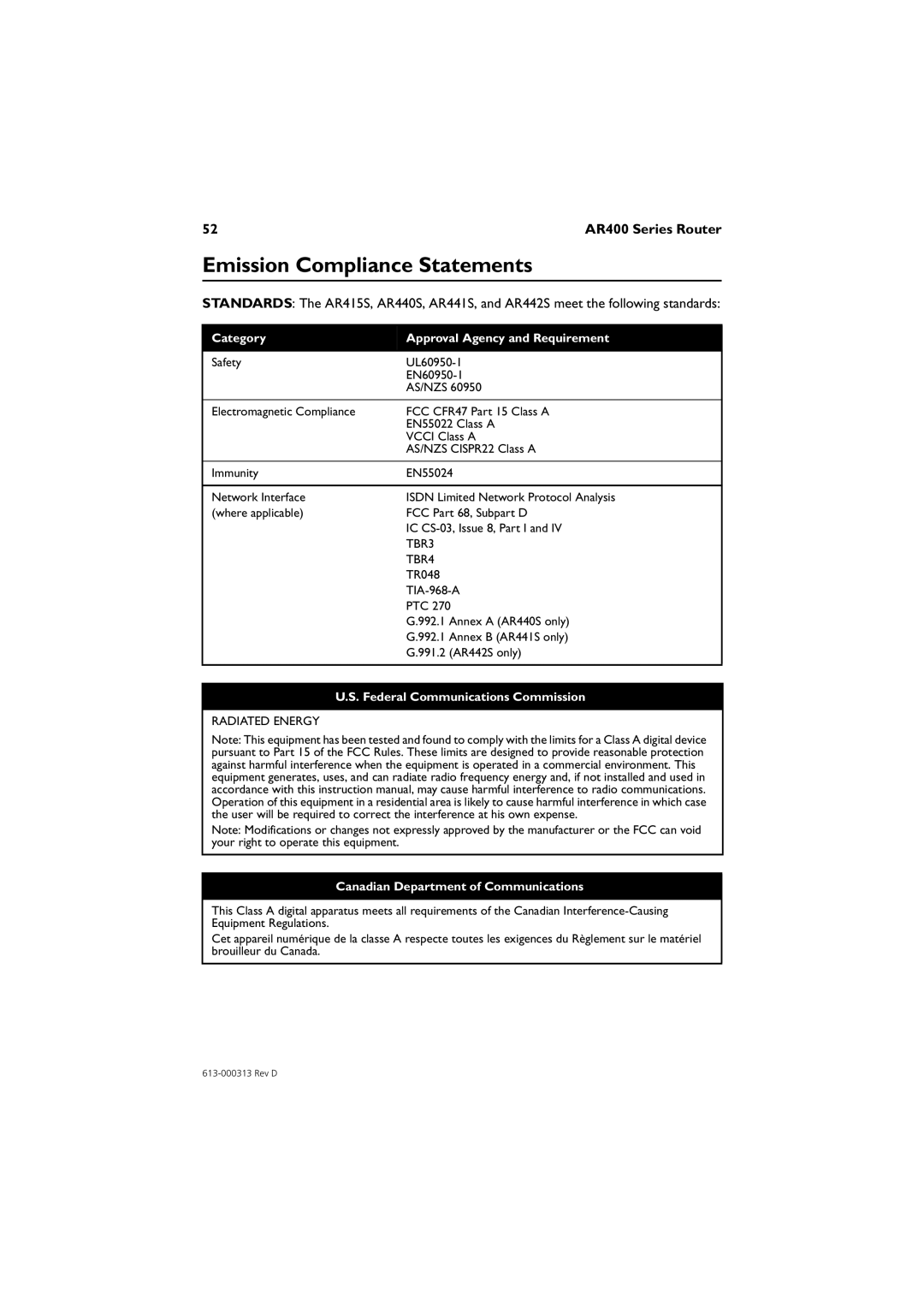 Allied Telesis AR440S manual Emission Compliance Statements, AR400 Series Router, Category, Approval Agency and Requirement 
