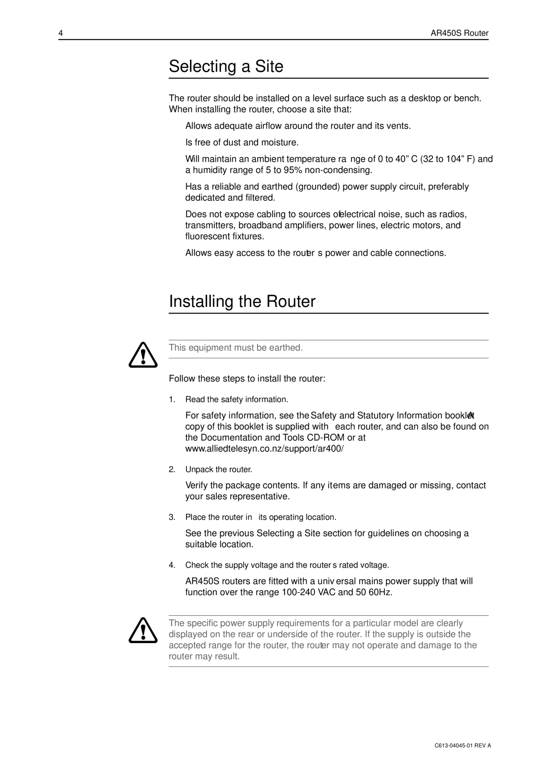 Allied Telesis AR450S manual Selecting a Site, Installing the Router, Follow these steps to install the router 