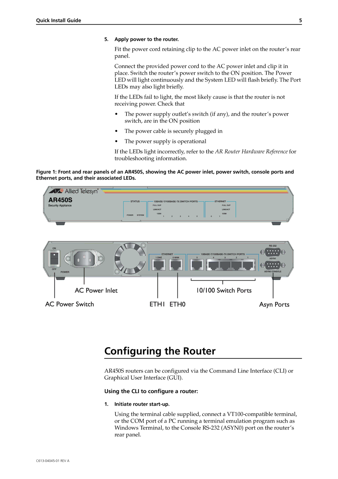 Allied Telesis AR450S manual Configuring the Router, Using the CLI to configure a router 