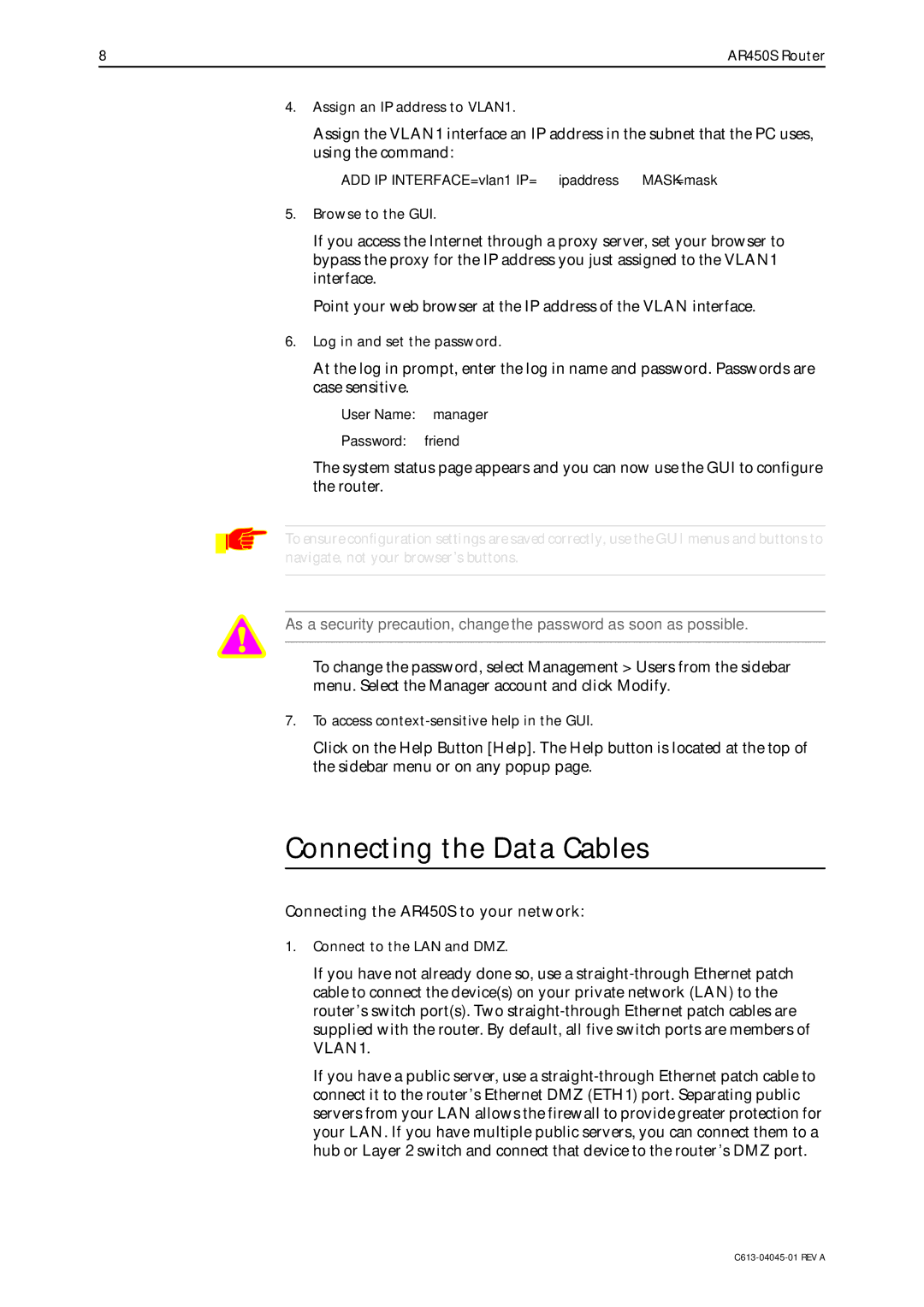 Allied Telesis manual Connecting the Data Cables, Connecting the AR450S to your network 