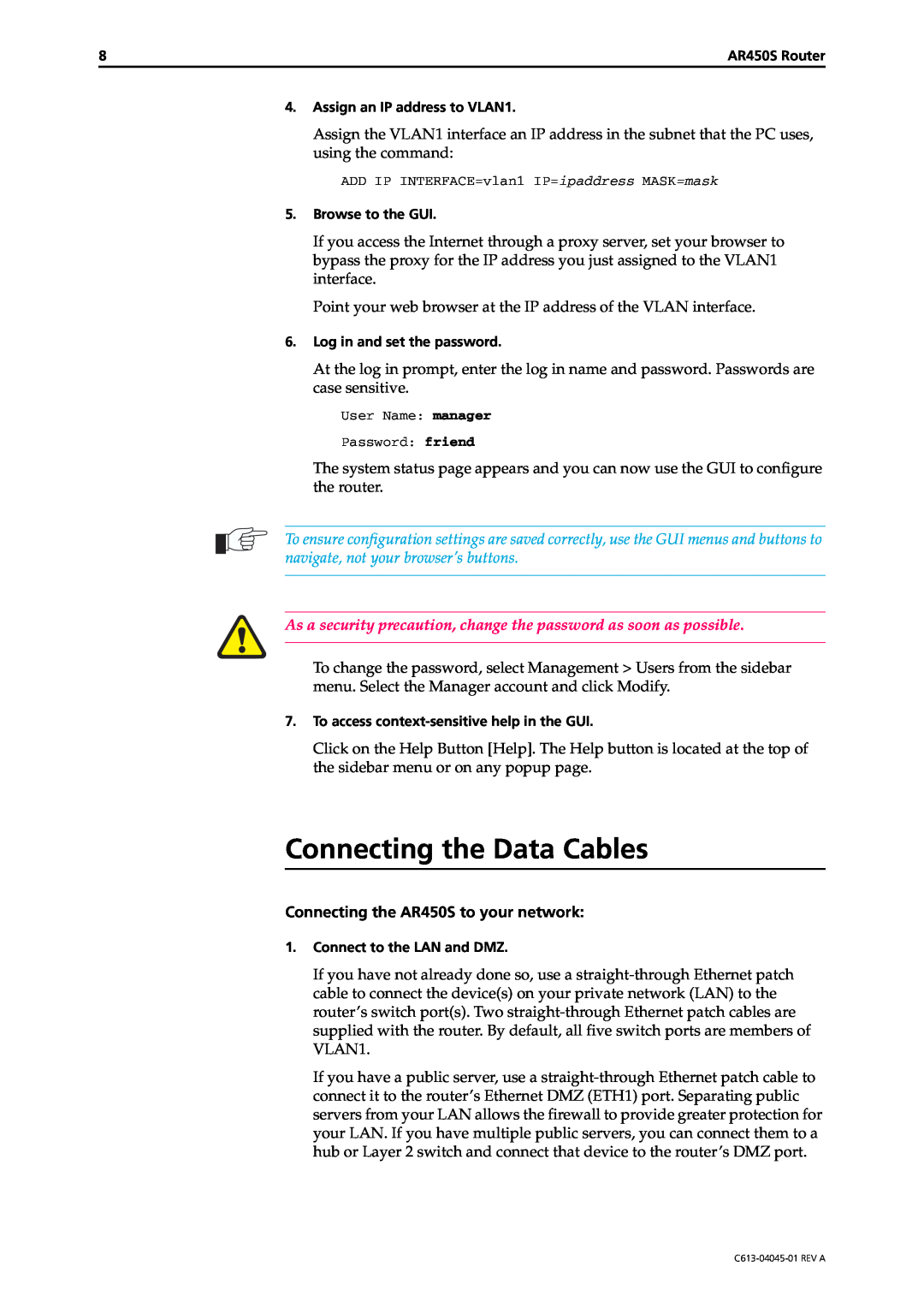 Allied Telesis manual Connecting the Data Cables, Connecting the AR450S to your network 