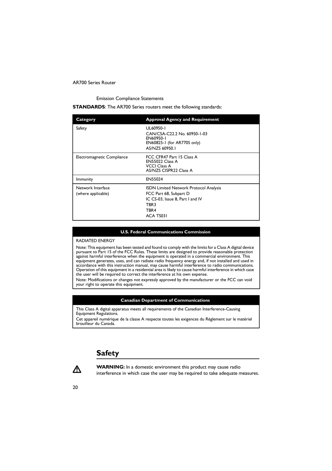 Allied Telesis AR700, AR770S, AR750S manual Safety, Category Approval Agency and Requirement 