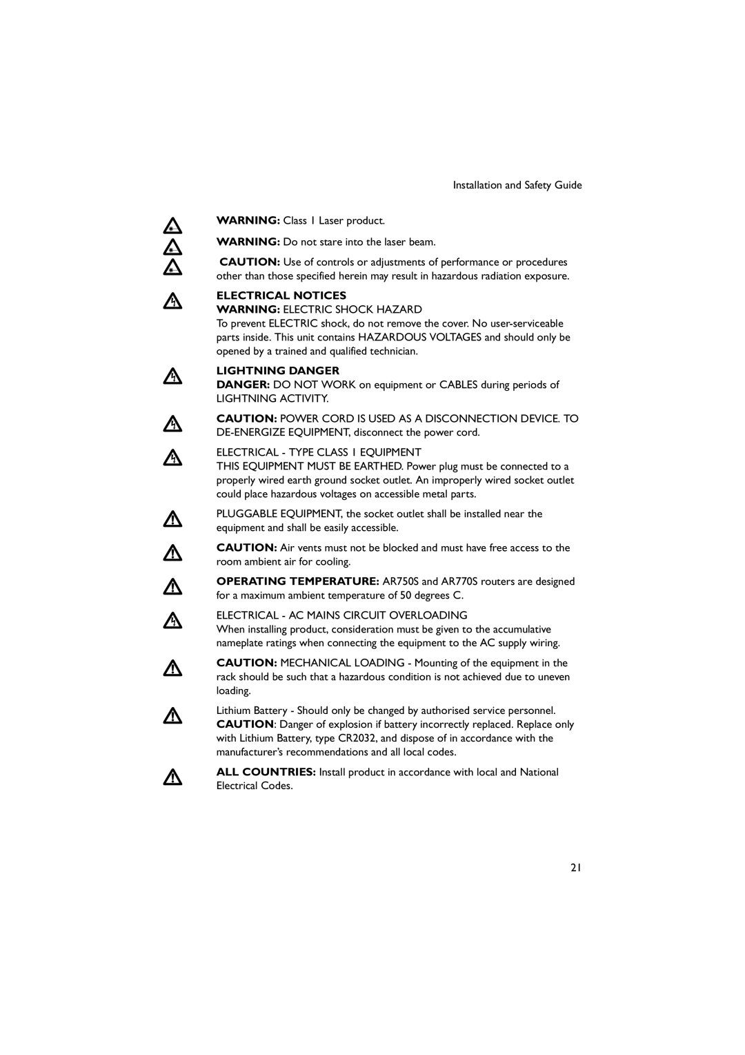 Allied Telesis AR770S, AR700 Electrical Notices, Lightning Danger, Lightning Activity Electrical Type Class 1 Equipment 