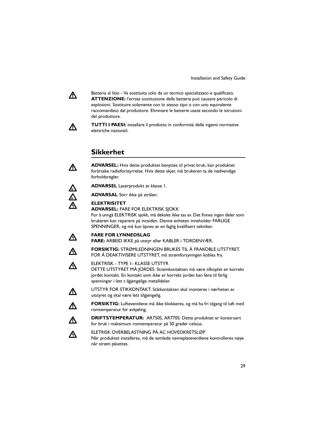 Allied Telesis AR700, AR770S, AR750S manual Sikkerhet, Elektrisitet, Fare for Lynnedslag, Elektrisk Type 1- Klasse Utstyr 