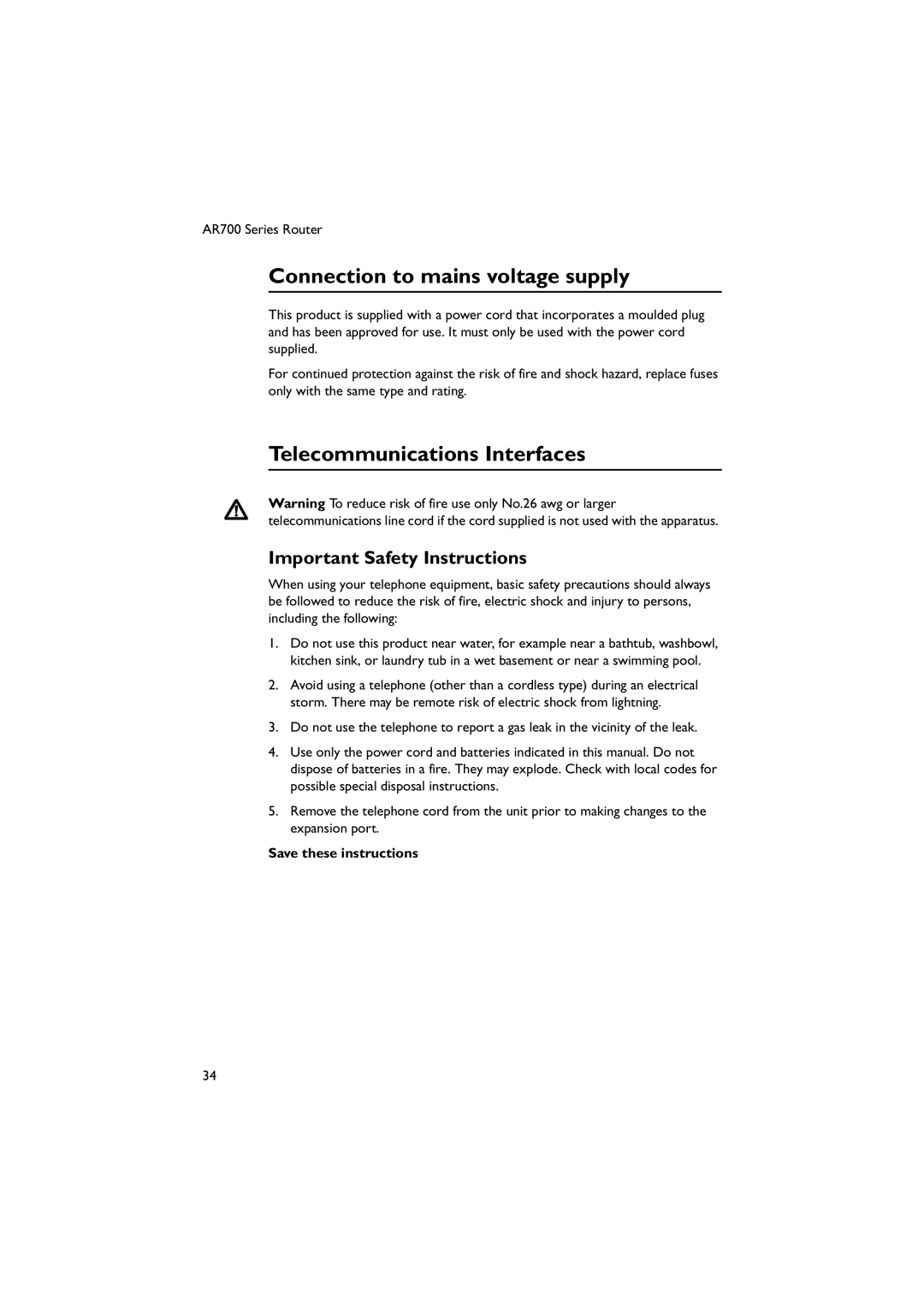 Allied Telesis AR750S Connection to mains voltage supply, Telecommunications Interfaces, Important Safety Instructions 