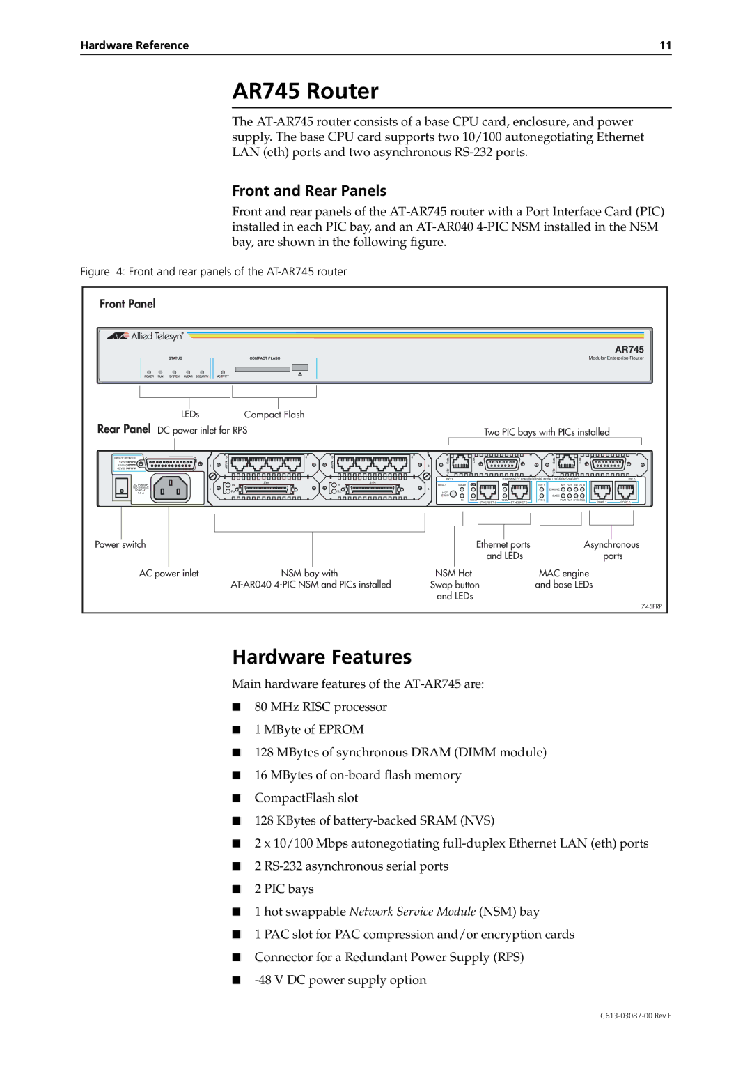 Allied Telesis AR700 Series manual AR745 Router, Front and Rear Panels 