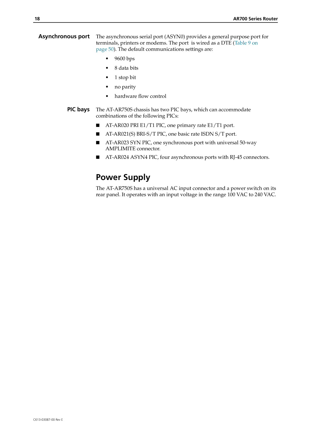 Allied Telesis AR700 Series manual Power Supply 