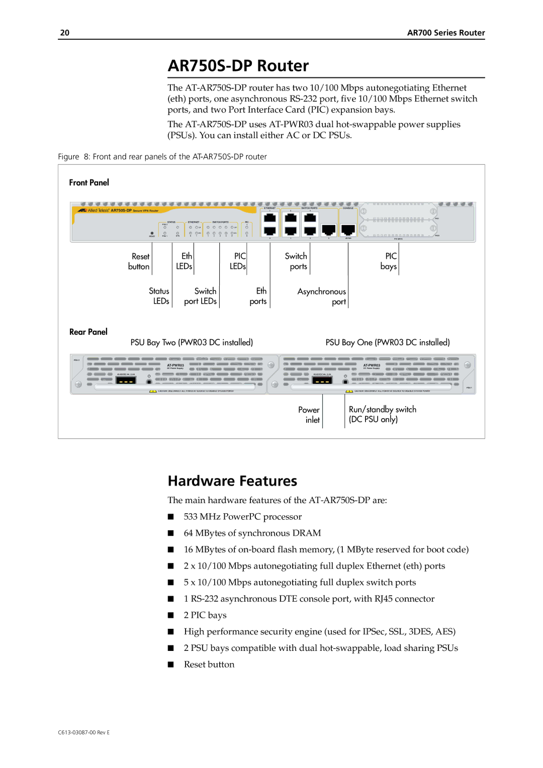 Allied Telesis AR700 Series manual AR750S-DP Router, PSU Bay Two PWR03 DC installed 