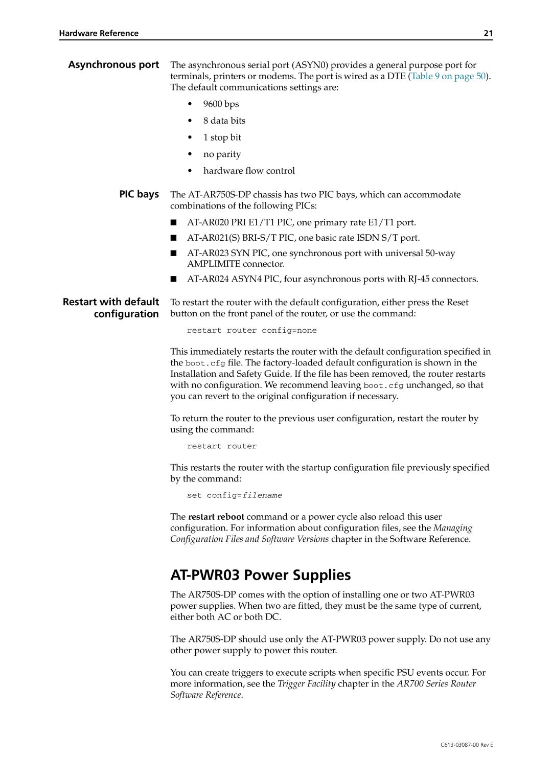 Allied Telesis AR700 Series manual AT-PWR03 Power Supplies, Restart with default configuration 