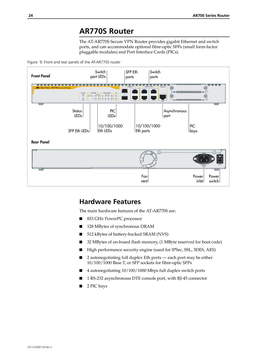 Allied Telesis AR700 Series manual AR770S Router, Front Panel Switch SFP Eth 