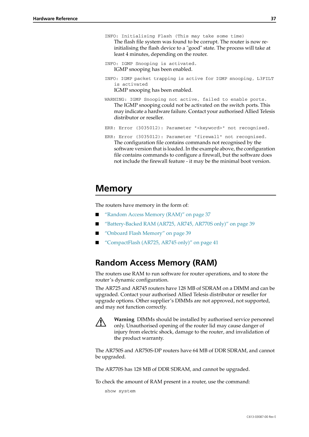 Allied Telesis AR700 Series manual Random Access Memory RAM 