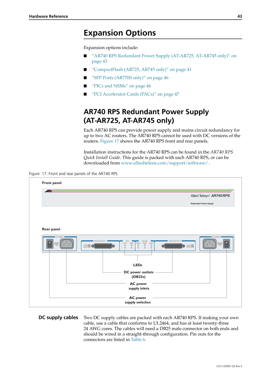 Allied Telesis AR700 Series manual Expansion Options, AR740 RPS Redundant Power Supply AT-AR725, AT-AR745 only 