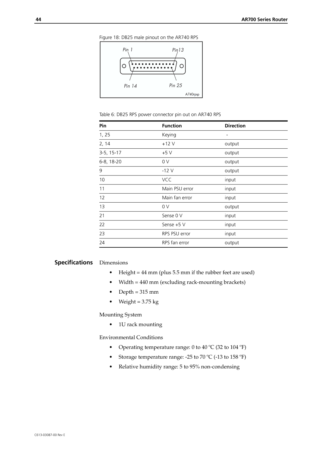 Allied Telesis AR700 Series manual Specifications Dimensions 