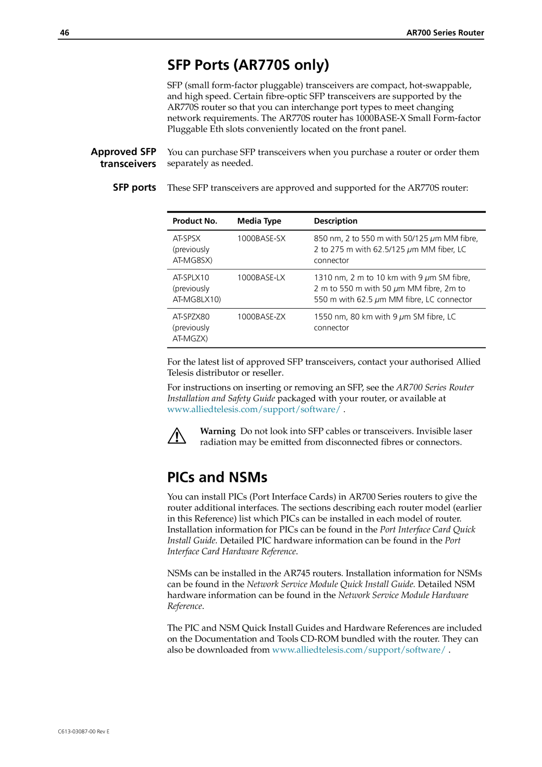 Allied Telesis AR700 Series manual SFP Ports AR770S only, PICs and NSMs, Product No Media Type Description 