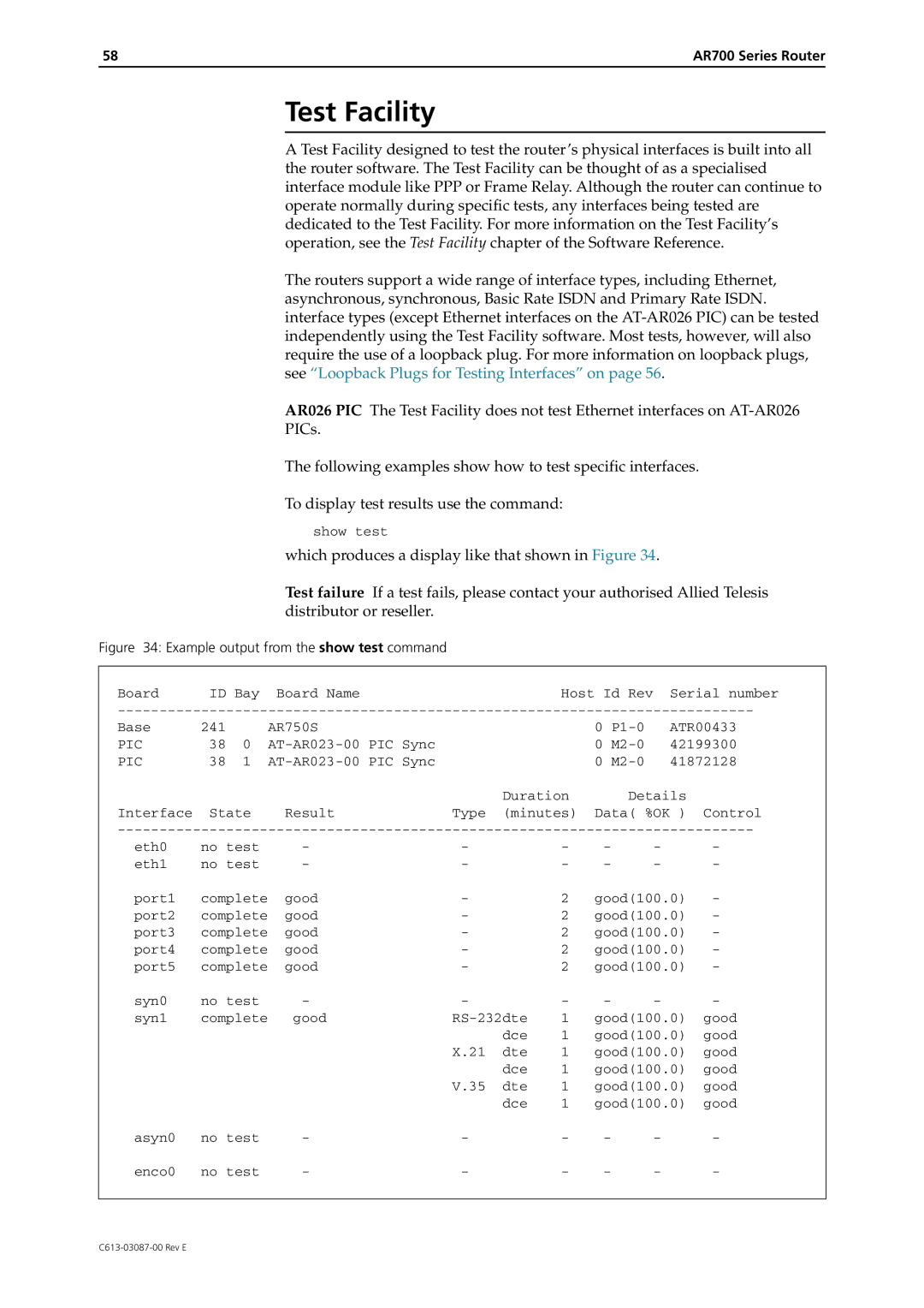 Allied Telesis AR700 Series manual Test Facility, Test failure 