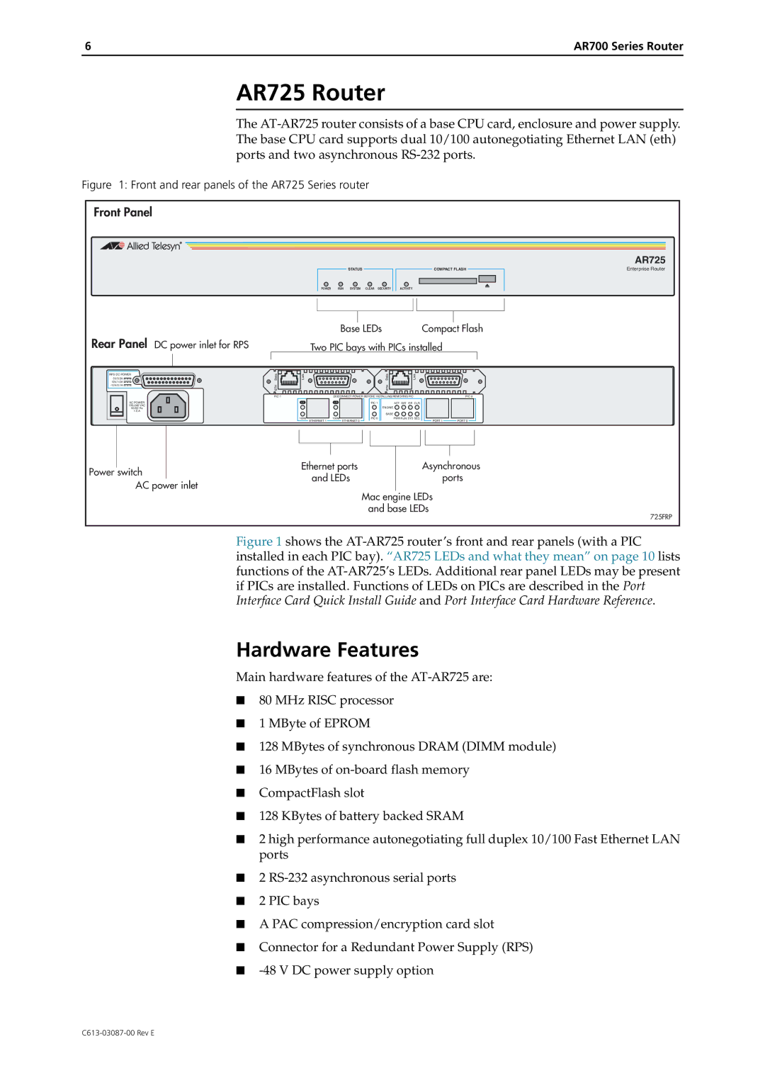 Allied Telesis AR700 Series manual AR725 Router, Hardware Features 