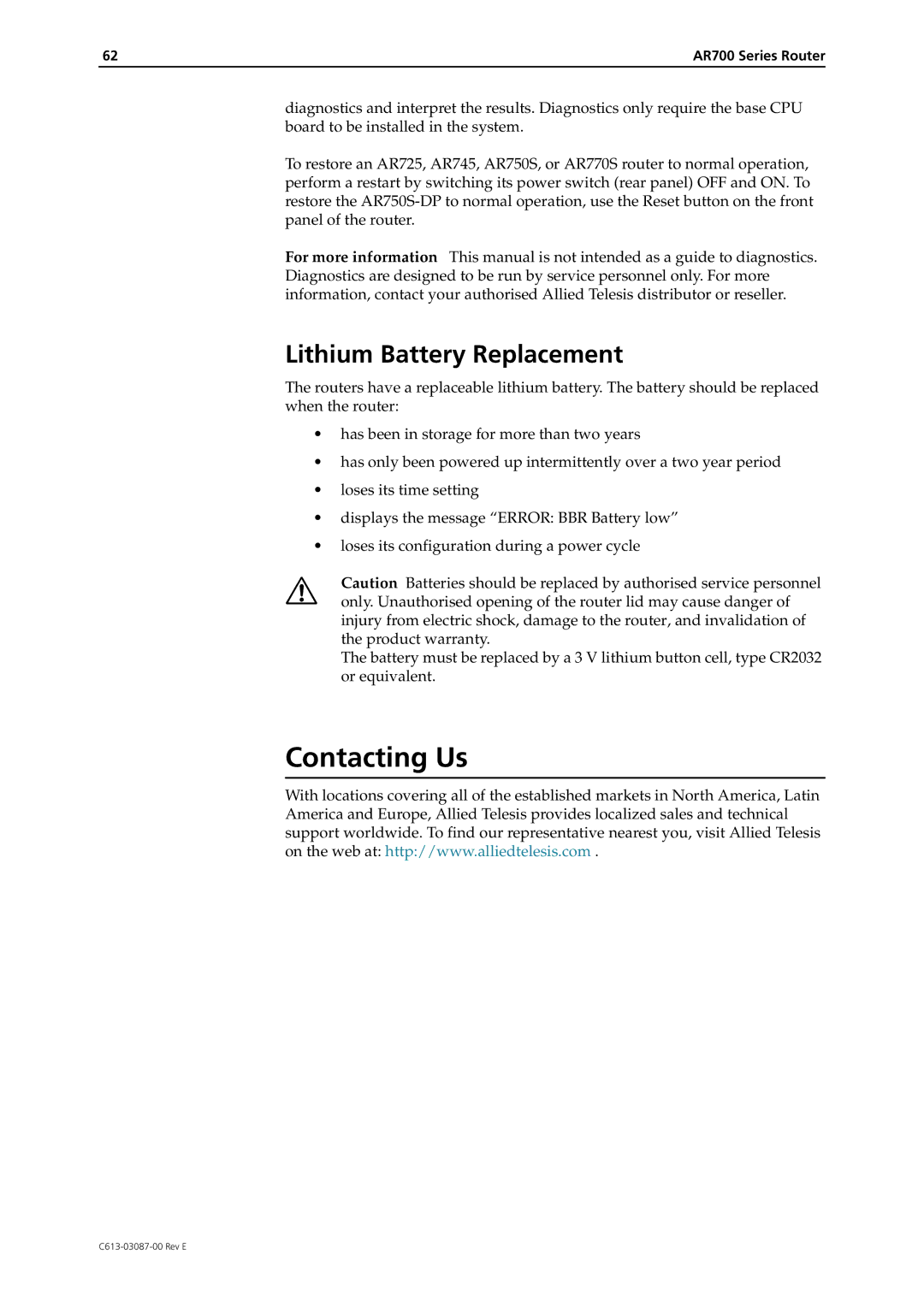 Allied Telesis AR700 Series manual Contacting Us, Lithium Battery Replacement 