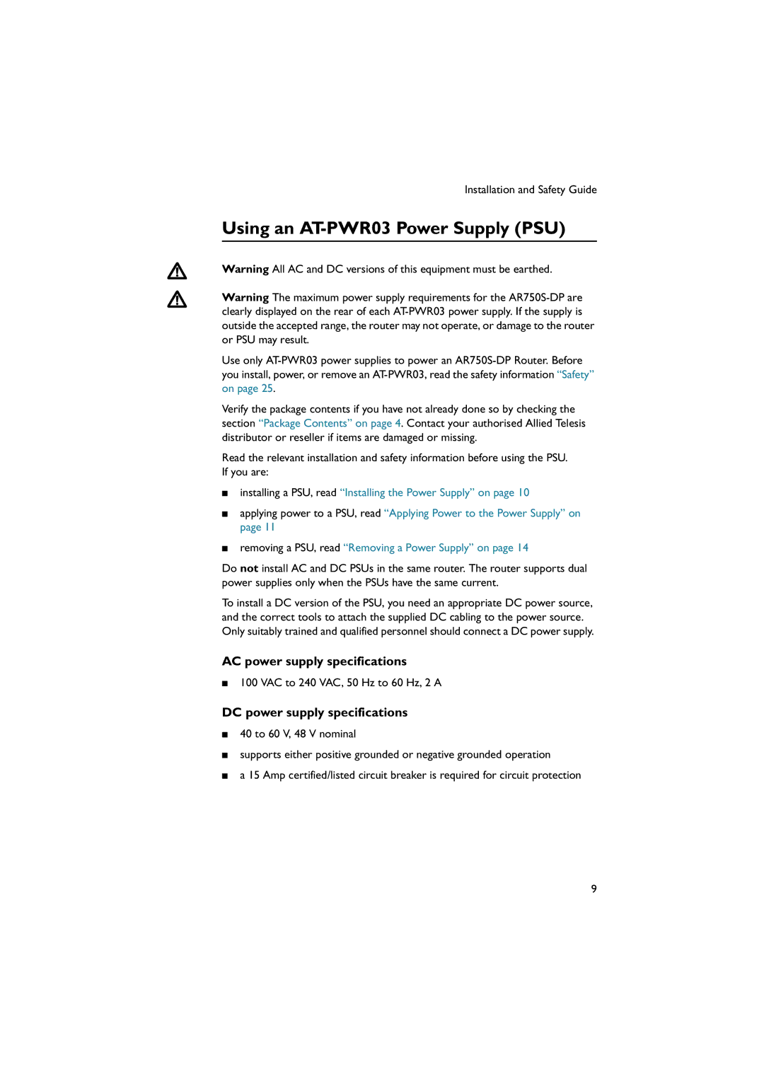 Allied Telesis AR750S-DP Using an AT-PWR03Power Supply PSU, AC power supply specifications, DC power supply specifications 