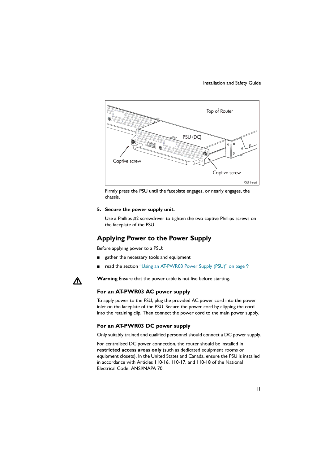 Allied Telesis AR750S-DP Applying Power to the Power Supply, For an AT-PWR03 AC power supply, Secure the power supply unit 