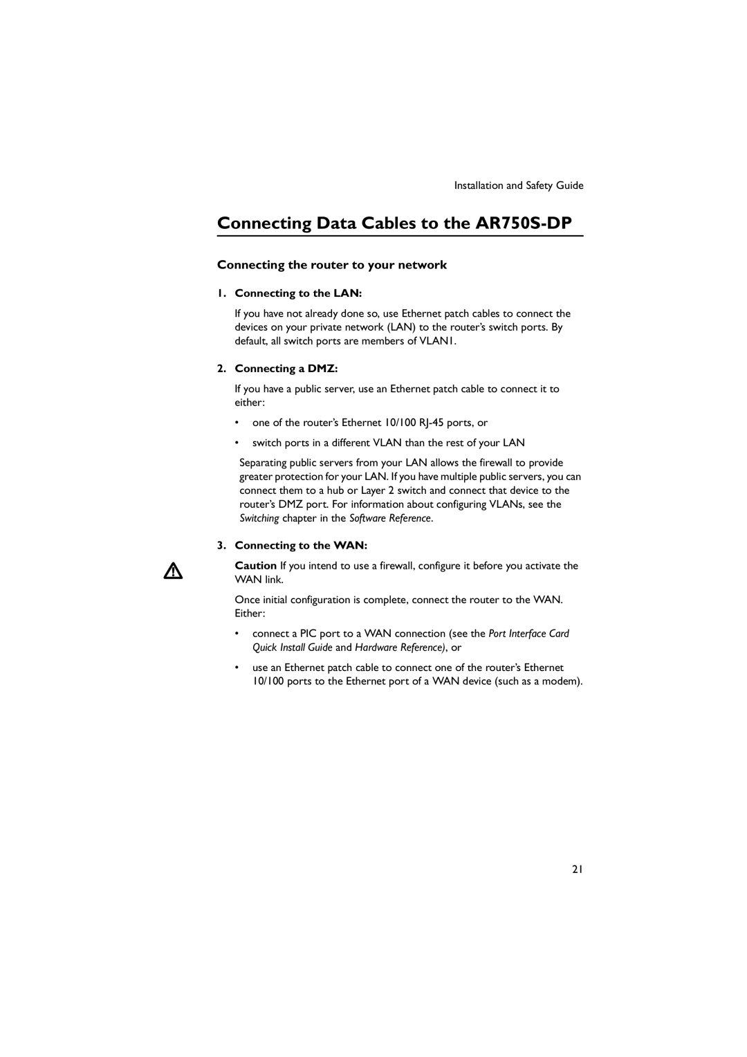 Allied Telesis Connecting Data Cables to the AR750S-DP, Connecting the router to your network, Connecting to the LAN 