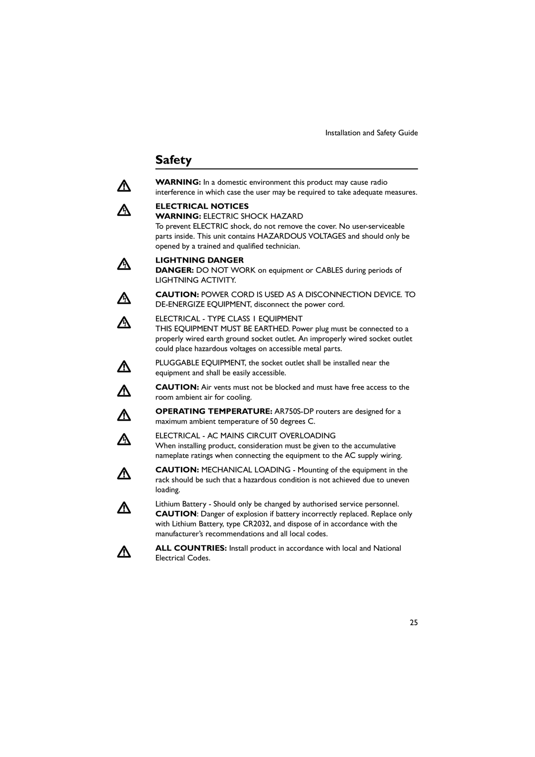 Allied Telesis AR750S-DP, AT-PWR03 Safety, Electrical Notices, Lightning Danger, Electrical AC Mains Circuit Overloading 