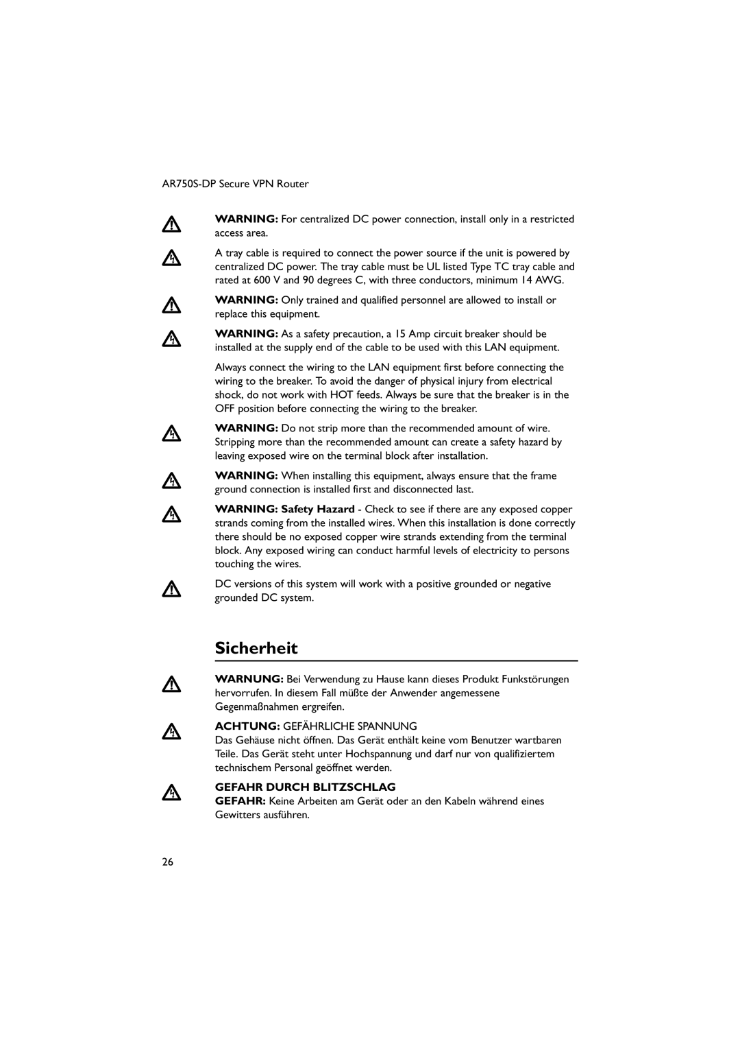 Allied Telesis AT-PWR03, AR750S-DP manual Sicherheit, Achtung Gefährliche Spannung, Gefahr Durch Blitzschlag 