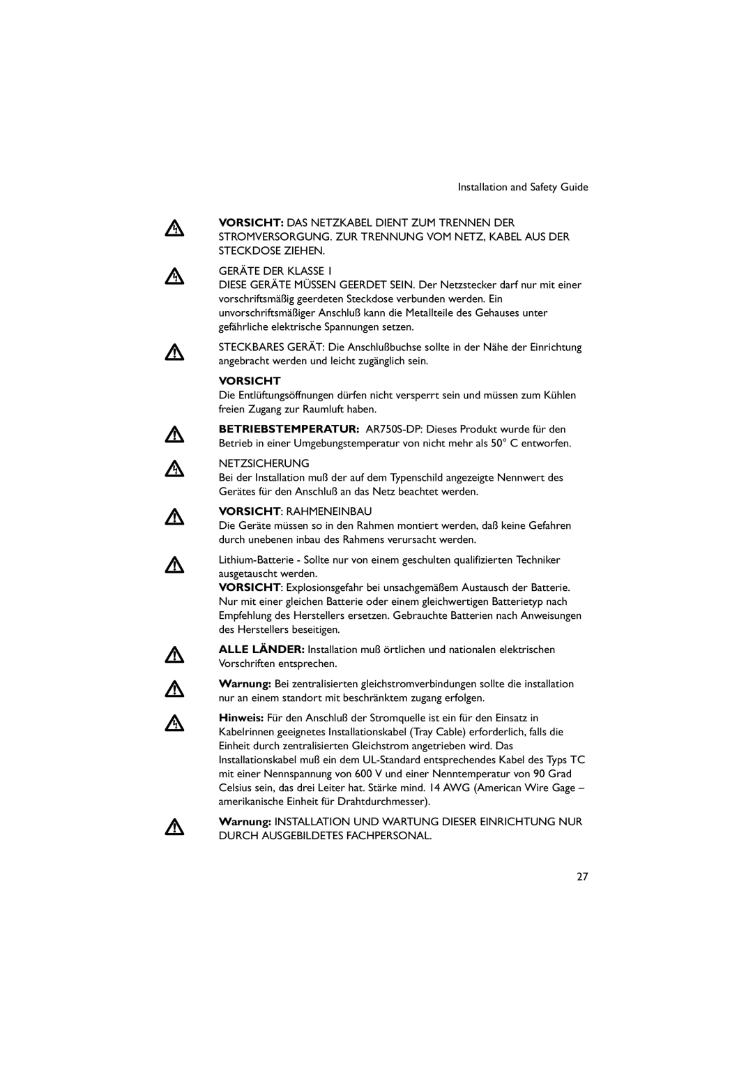 Allied Telesis AR750S-DP, AT-PWR03 manual Netzsicherung, Vorsicht Rahmeneinbau 