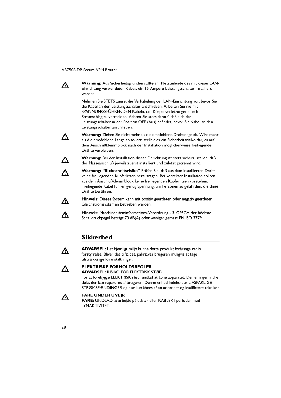 Allied Telesis AT-PWR03, AR750S-DP manual Sikkerhed, Elektriske Forholdsregler, Fare Under Uvejr, Lynaktivitet 